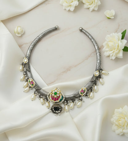 Sea Green Pachi Kundan Fusion Hasli Necklace Set with Pearl Drops | German Silver Designer Hasli with Earrings