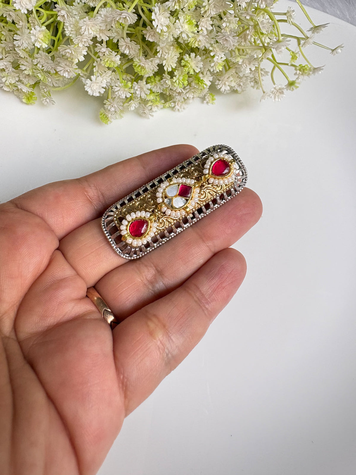 Meher MOP Kundan Fusion Adjustable Ring | Dualtone Kundan Statement Ring