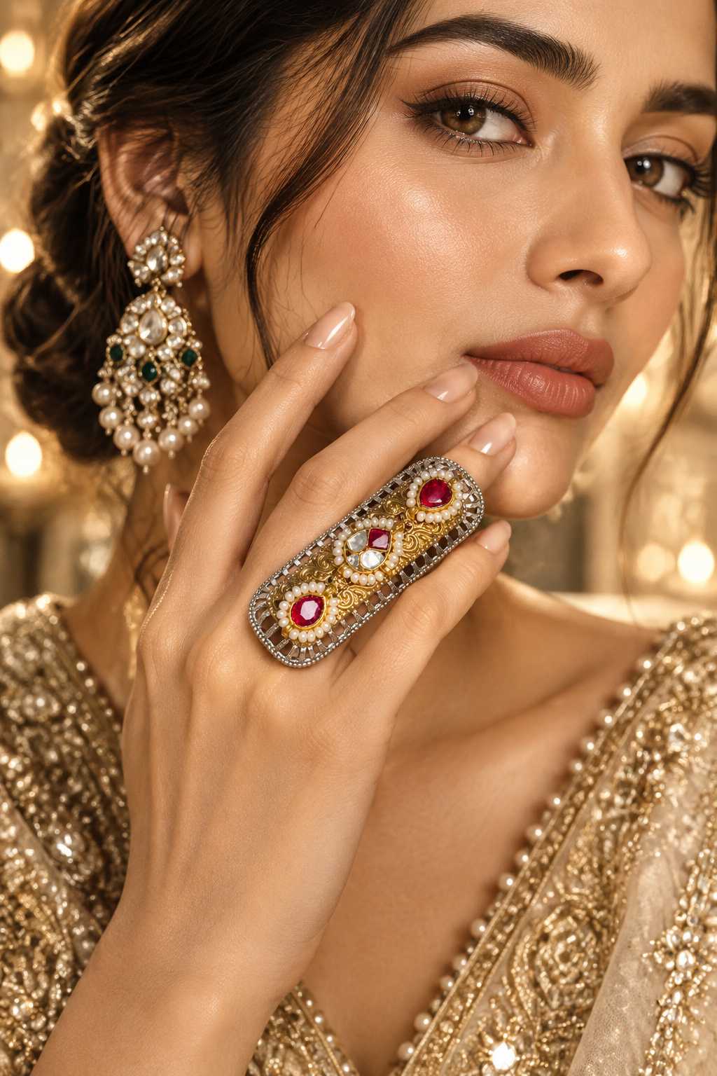 Meher MOP Kundan Fusion Adjustable Ring | Dualtone Kundan Statement Ring