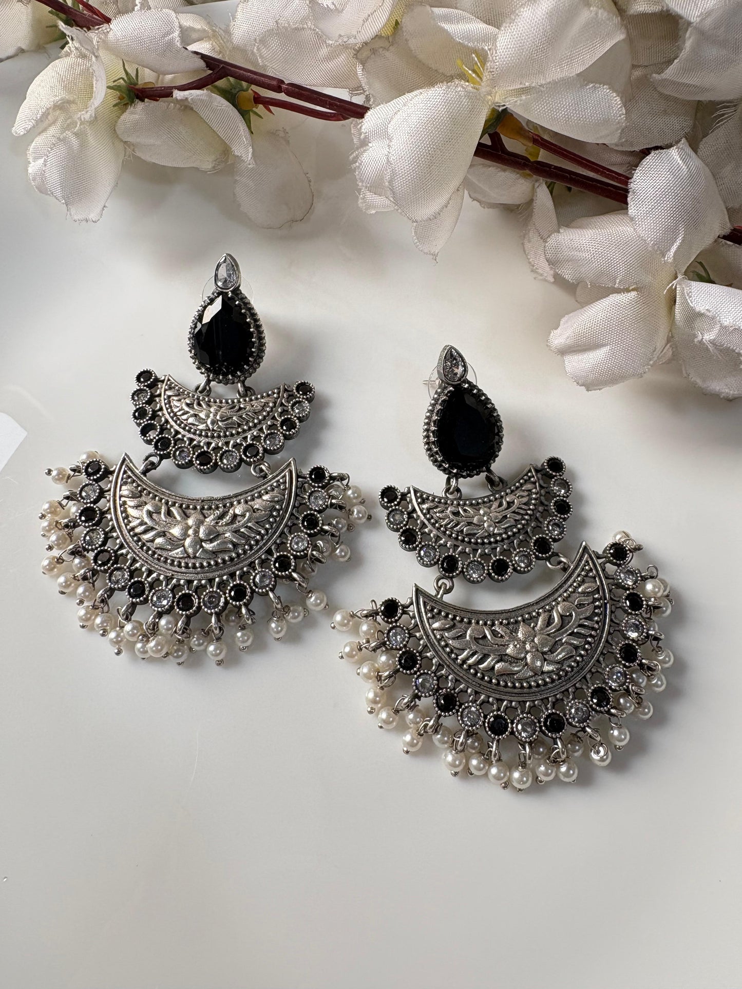 Silver Look Alike Chandbali Earrings With Pearl Fringe Brass Base Oxidised Finish Alankrent Ak Cbe - Alankrent Luxe