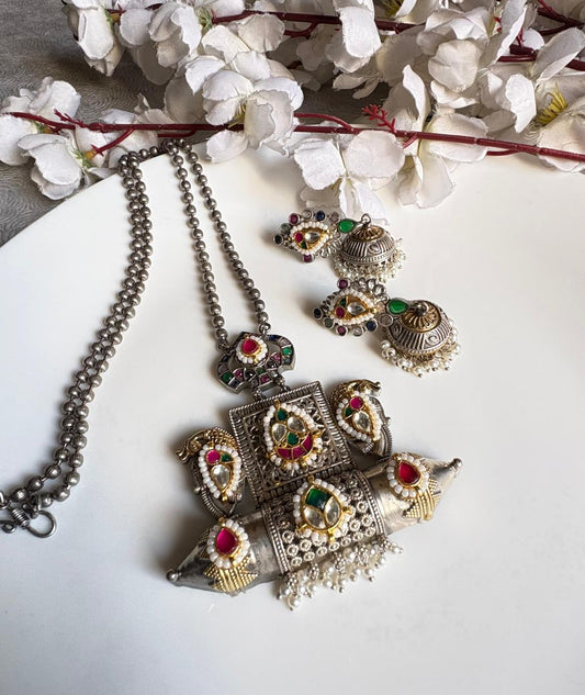 Rajlakshmi Temple Dual Tone SLA Kundan Long Necklace Set with Jhumka Earrings & Pearl Detailing | Premium Ethnic Jewellery  Ready Stock | Alankrent | AK-TMP-LN01 by Alankrent