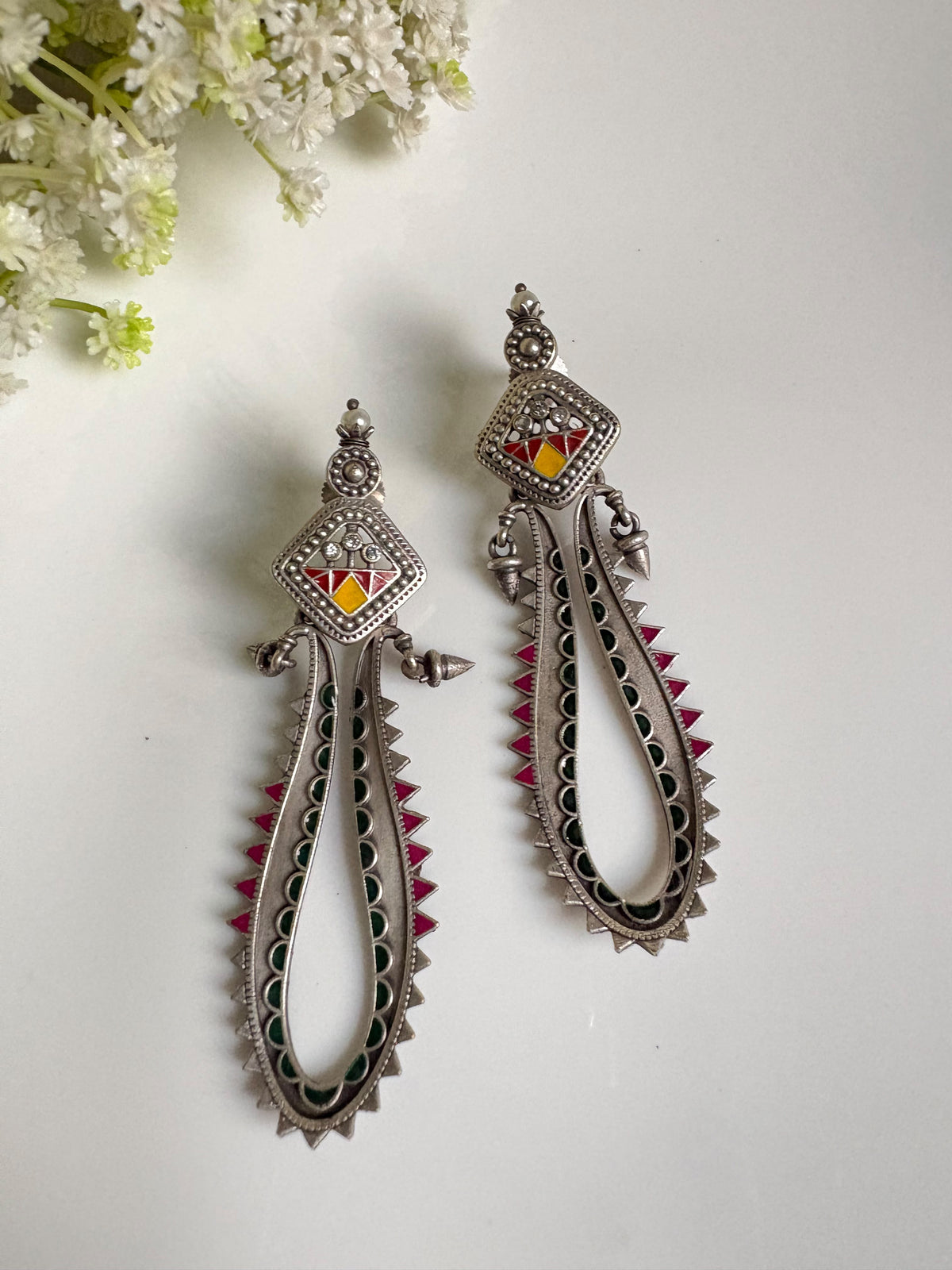 Rangrez Hand-Painted Multicolour Oxidised Silver Look Long Earrings