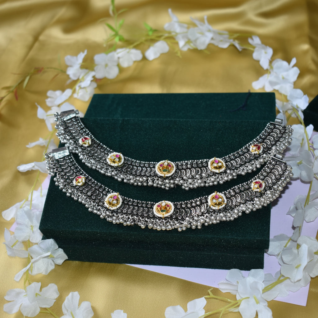 Mirzeya Handcrafted Silver Look Payal with Kundan Motifs and Ghungroo Bridal Anklet in German Silver Traditional Indian Jewellery | Premium Indian Jewellery