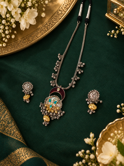Rajvanshi Long Silver Lookalike Necklace Set with Oxidised Finish & Earrings | Navratri Jewellery