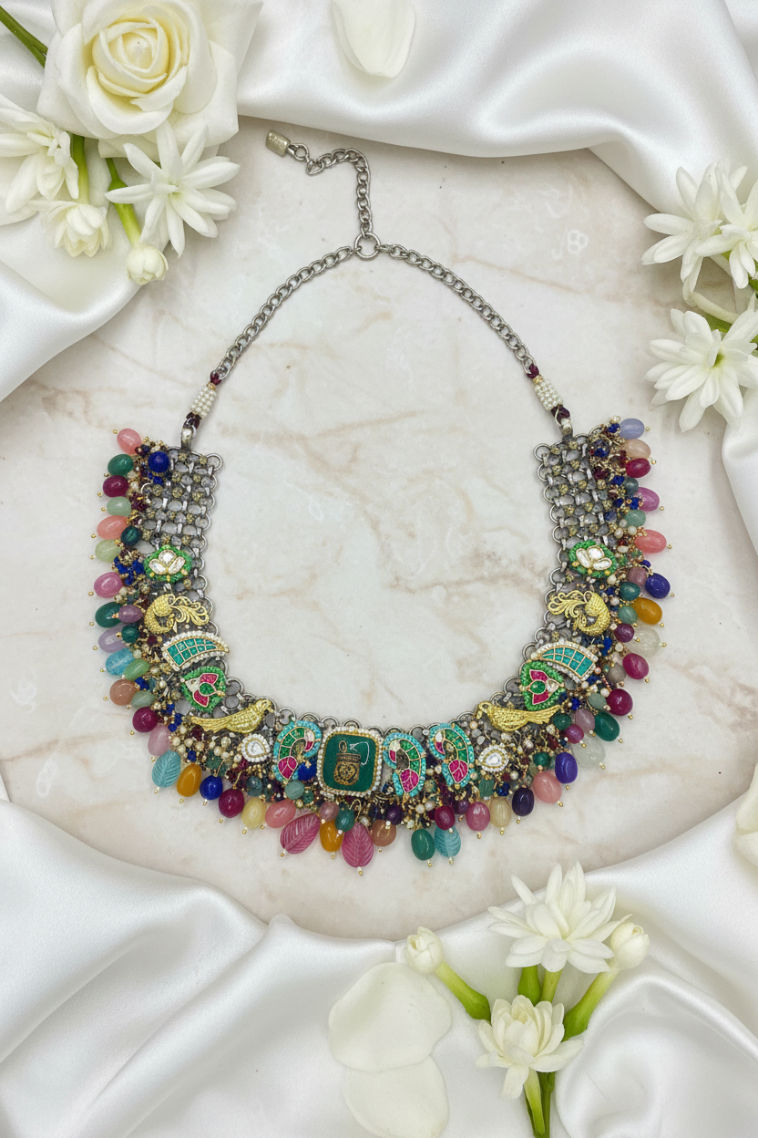 Neelmayur German Silver Peacock Choker Necklace – Premium Kundan Fusion Statement Choker with Multicolour Beads for Women