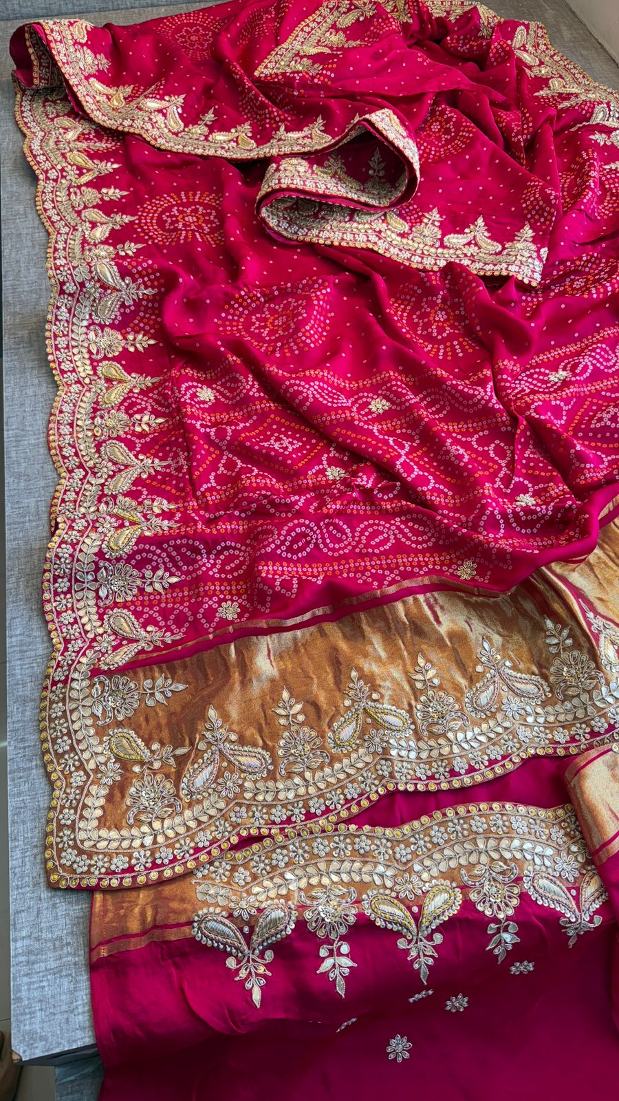 Luxury Gajji Silk Bandhani Saree with Zardozi & Gotapatti Work – Designer Bridal Saree