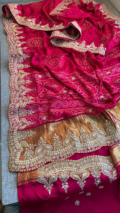 Luxury Gajji Silk Bandhani Saree with Zardozi & Gotapatti Work – Designer Bridal Saree