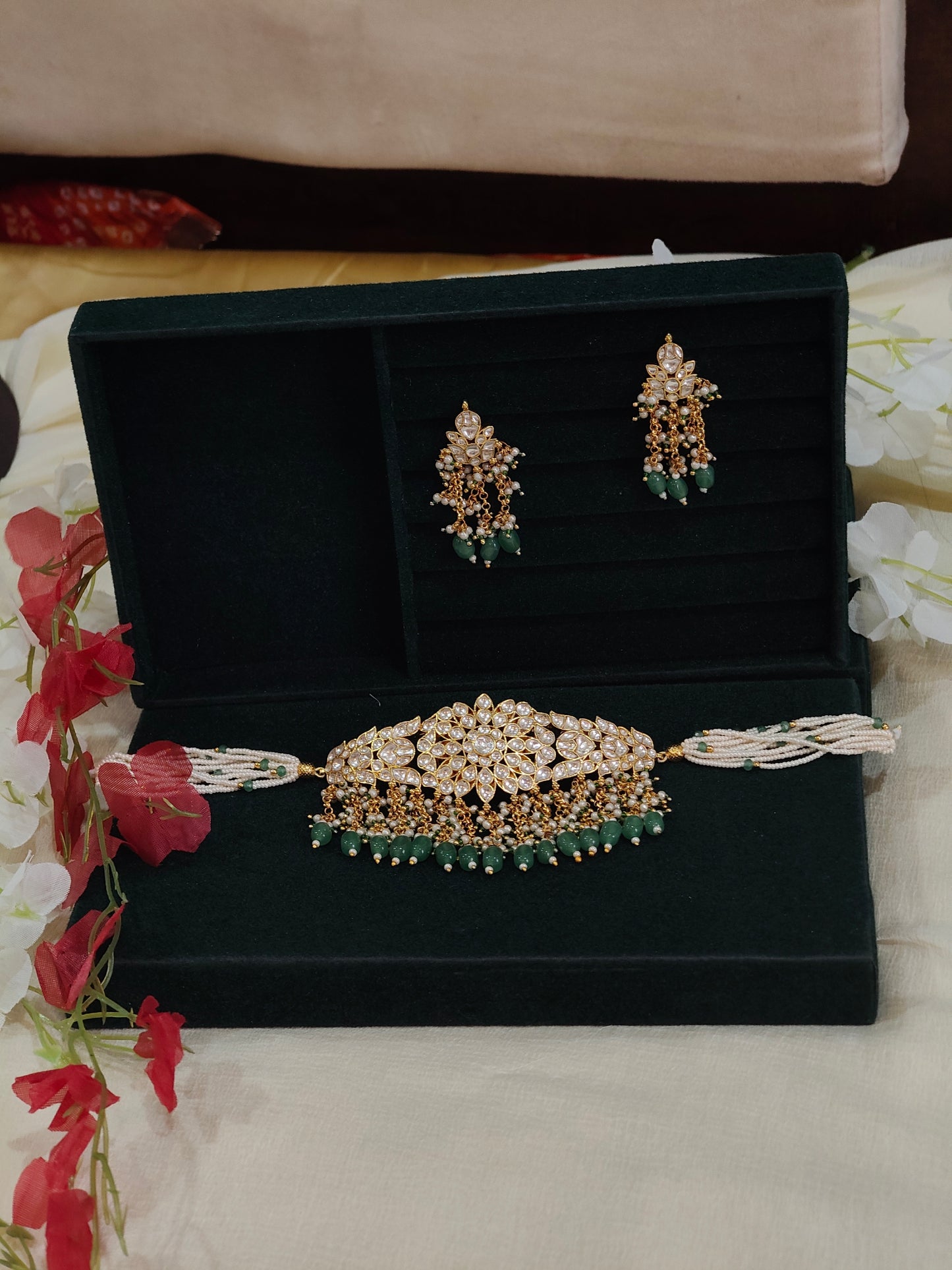Noorika Polki Pearl Beads Choker Set with Green Bead Drops & Matching Earrings | Bridal Choker Necklace