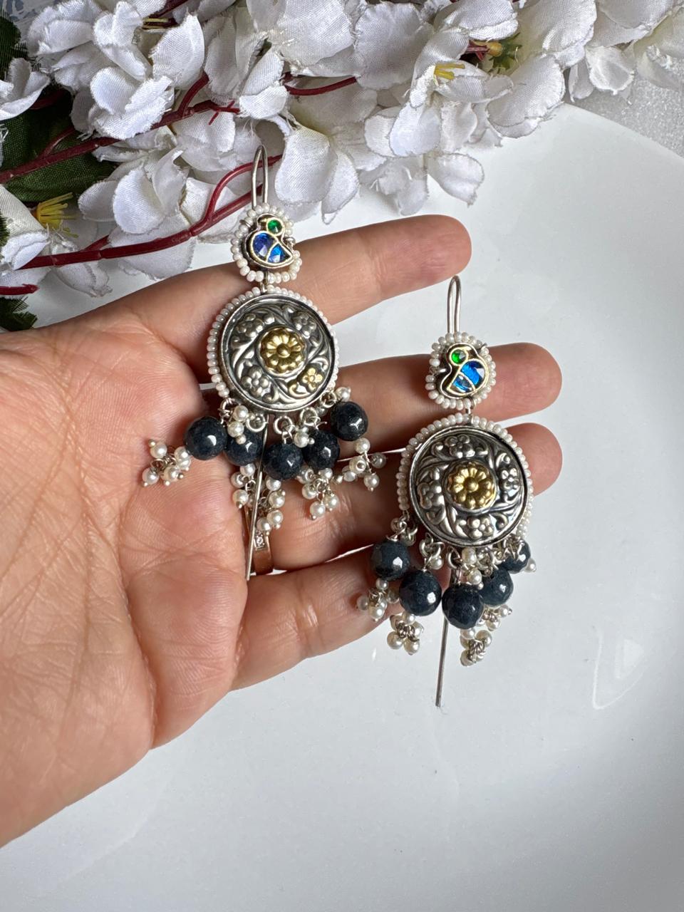 Mriganayani Dual Tone SLA Kundan Needle Earrings | Silver Look Pearl Beaded Ethnic Earrings for Women