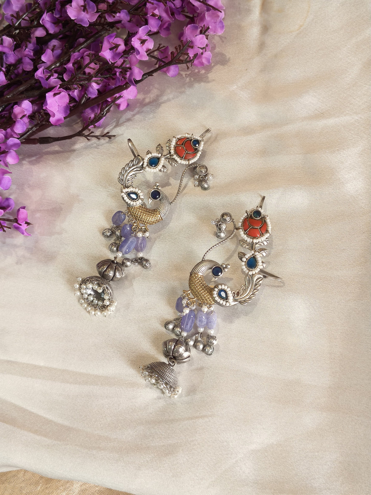 Mayurika Jadau Kundan Peacock Earcuff with Pearl Drop Jhumka