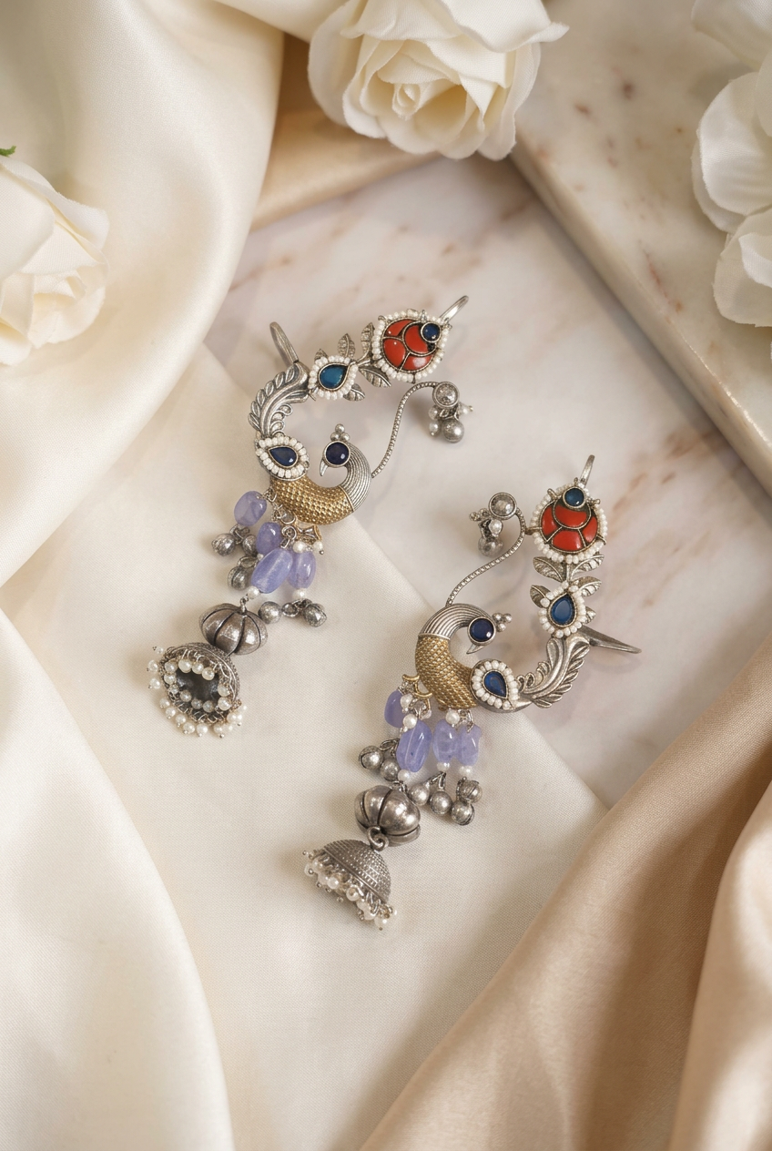 Mayurika Jadau Kundan Peacock Earcuff with Pearl Drop Jhumka