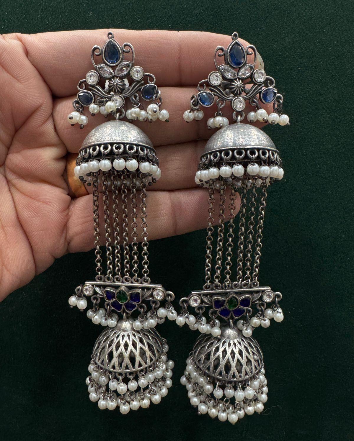 Minara Oxidized Silver Jhumka with Stone & Pearl Drops