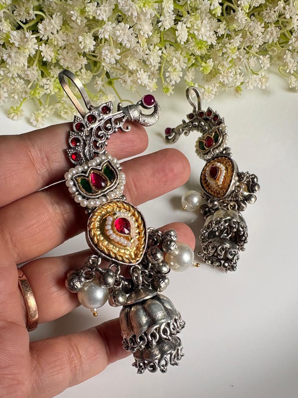 Rajwada Antique Statement Earcuff | Kundan Jhumka Earcuff with Pearls
