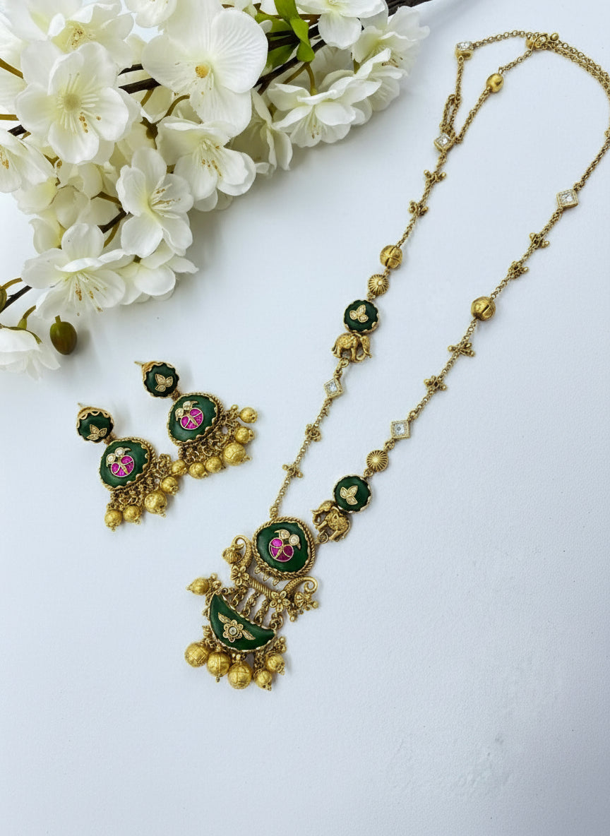 Emerald Deviya Antique Temple Necklace Set | Handcrafted Enamel & Ghungroo Pendant | Luxury Antique Finish