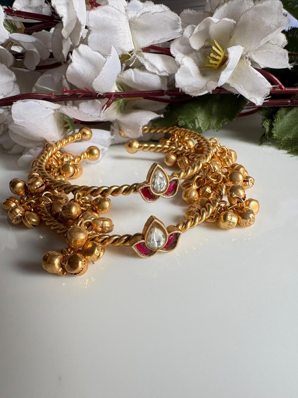 Kamalika Kundan Fusion Ghungroo Bangles | Golden Flexible Adjustable Bangles for Women