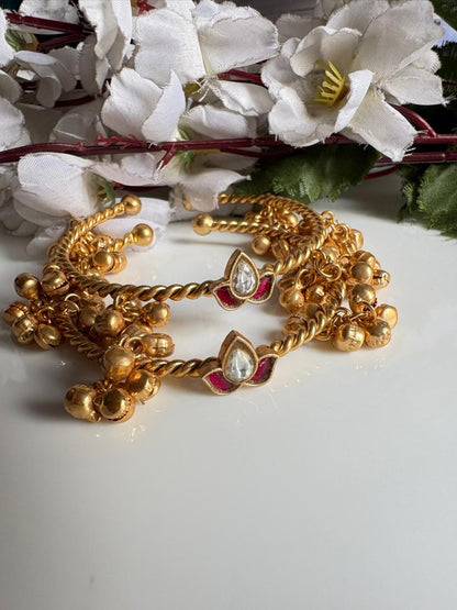 Kamalika Kundan Fusion Ghungroo Bangles | Golden Flexible Adjustable Bangles for Women