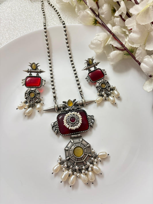 ELVIRA Stone Pearl Hasli Set Maroon | Wedding Jewellery | Brass Necklace Set