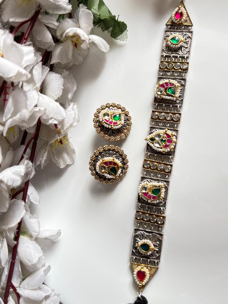 Aarohi Kundan Fusion SLA Necklace Set with Earrings | Navratri and Casual Fusion Jewellery