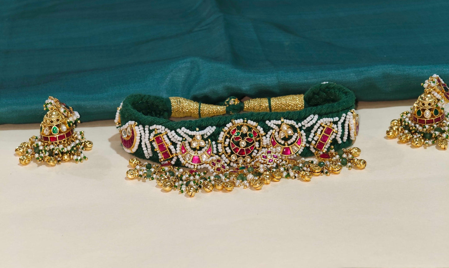 Handmade Cotton Crochet Pacchi Kundan Choker Set with Jhumka Earrings | Alankrent Luxe
