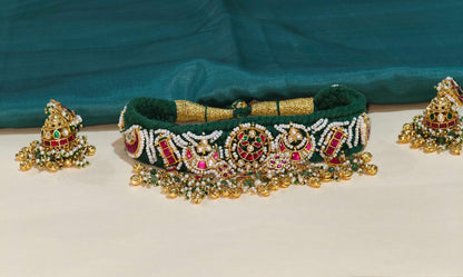 Handmade Cotton Crochet Pacchi Kundan Choker Set with Jhumka Earrings | Alankrent Luxe