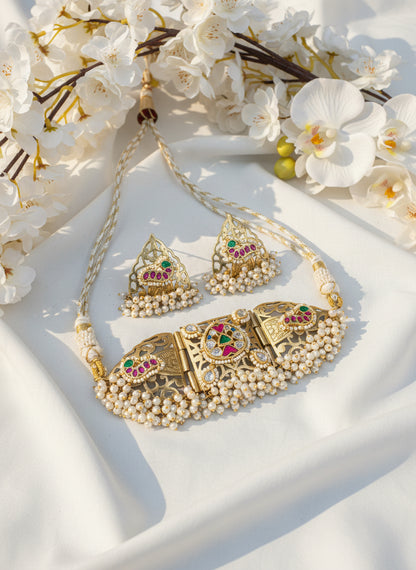 Silver Look Alike Dualtone Necklace Set with Kundan Fusion & Earrings – With Buyback Assurance