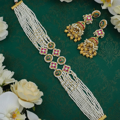 Devanshi Viraasat Moti Kundan Pearl Rani Haar Necklace Set Traditional Jhumka Jewellery | Premium Indian Jewellery
