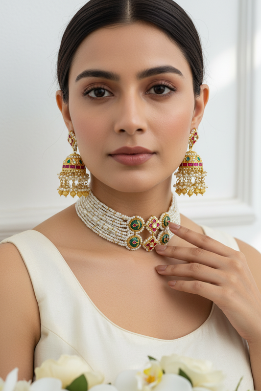 Devanshi Viraasat Moti Kundan Pearl Rani Haar Necklace Set Traditional Jhumka Jewellery | Premium Indian Jewellery