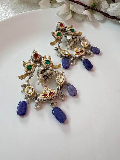 Alankrent NeelTarang Temple Hoop Danglers – Dual-Tone Kundan Earrings with Blue Stones & Pearls