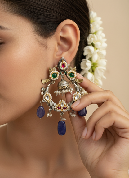 Alankrent NeelTarang Temple Hoop Danglers – Dual-Tone Kundan Earrings with Blue Stones & Pearls