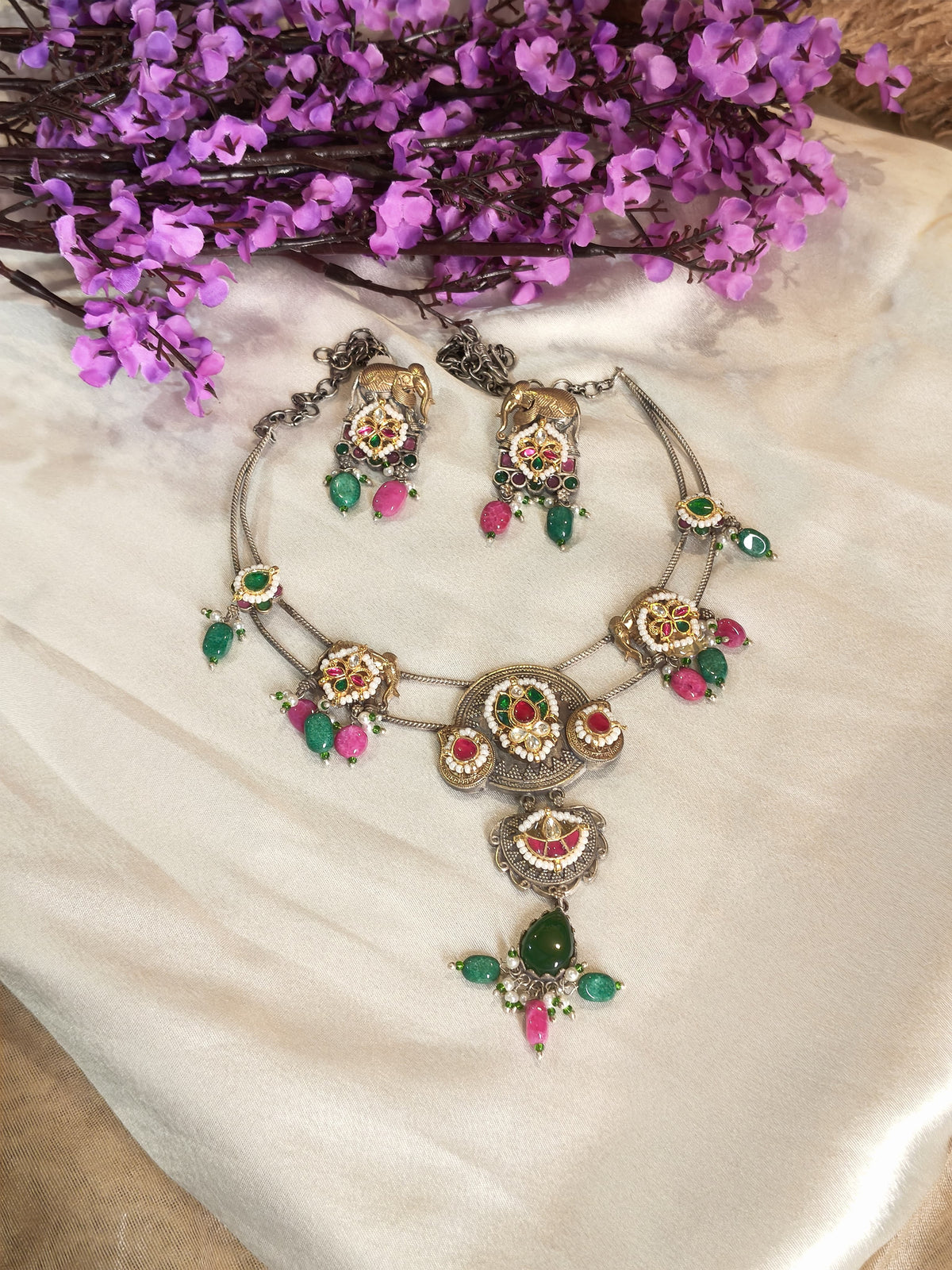 Gajraj Multicolour Elephant Hasli Necklace with Pink and Green Drops