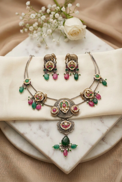 Gajraj Multicolour Elephant Hasli Necklace with Pink and Green Drops