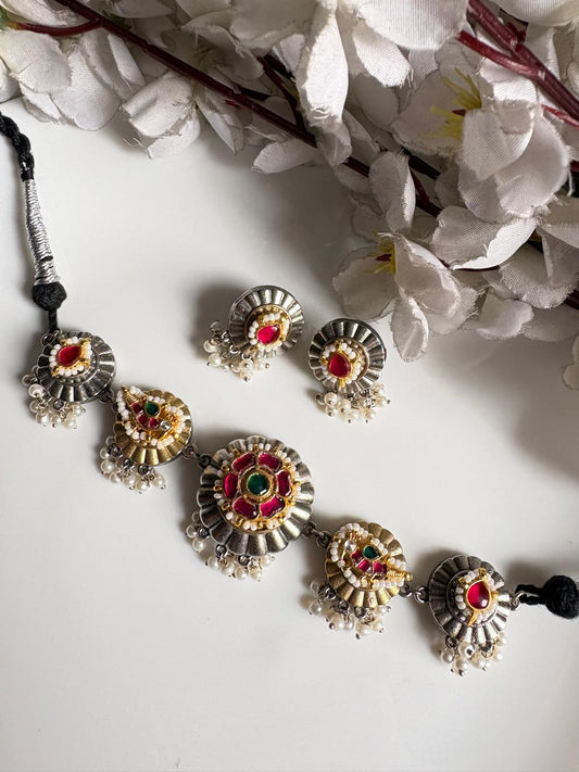 Ruhina Kundan Fusion SLA Dualtone Necklace Set with Round Earrings | Alankrent Luxe