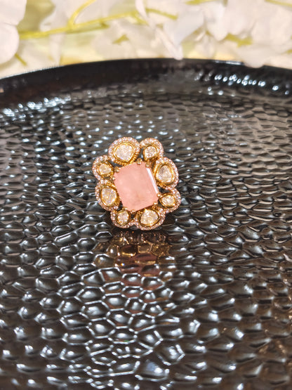 Aabira Polki Moissanite Pink Stone Ring with CZ Diamonds Adjustable Cocktail Ring  | Moissanite Jewellery India | Premium Indian Jewellery