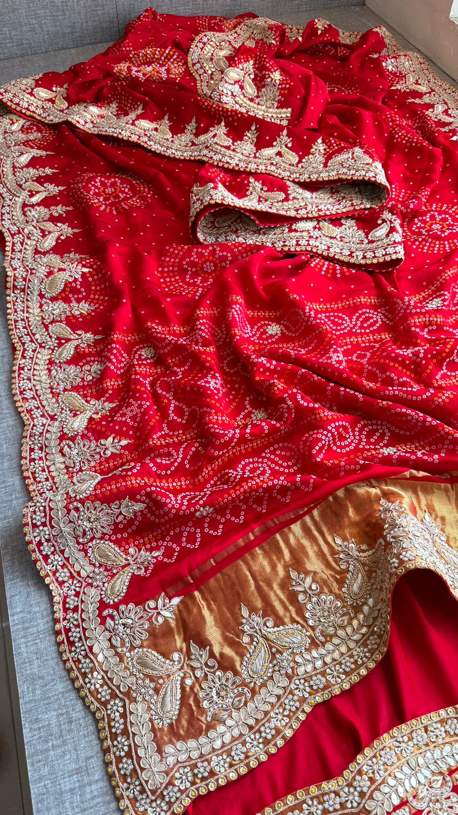 Luxury Gajji Silk Bandhani Saree with Zardozi & Gotapatti Work – Designer Bridal Saree