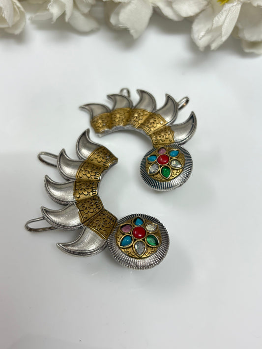 Dual Tone Kundan Ear Cuff Earrings | Silver Look Alike Polish | Antique Brass Base with Green Stone Detailing – Statement Heritage Design