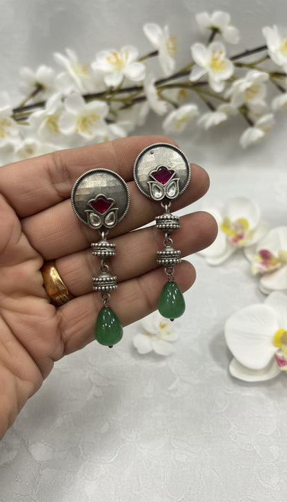 Silver Look Alike Lotus Motif Earrings | Handcrafted Brass Base with Gemstone Drops – Available in Pink, Green, Red & Yellow | Limited Edition