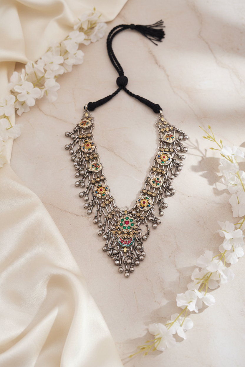GhunghrooRaas Long Pacchi Kundan Haar | Traditional Ghunghroo Statement Necklace
