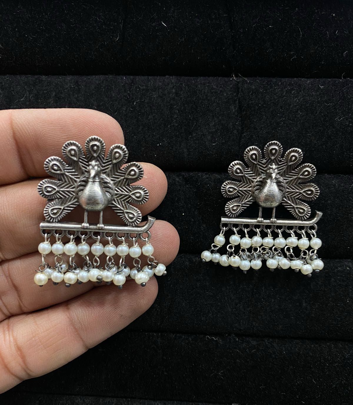 Peacock Motif Silver Look Alike Stud Earrings With Pearl Drops Brass Base Oxidised Finish Alankrent Ak Pe by Alankrent