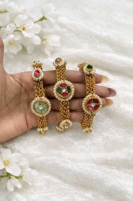 Meher Medallion Pearl Bracelet with Kundan & Enamel Work | Antique Gold Finish