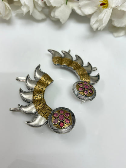Dual Tone Kundan Ear Cuff Earrings | Silver Look Alike Polish | Antique Brass Base with Green Stone Detailing – Statement Heritage Design