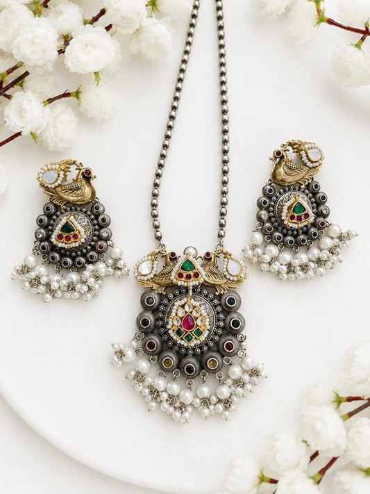 Mayurika Kundan Fusion SLA Dualtone Long Chain Pendant Set with Earrings | Alankrent Luxe