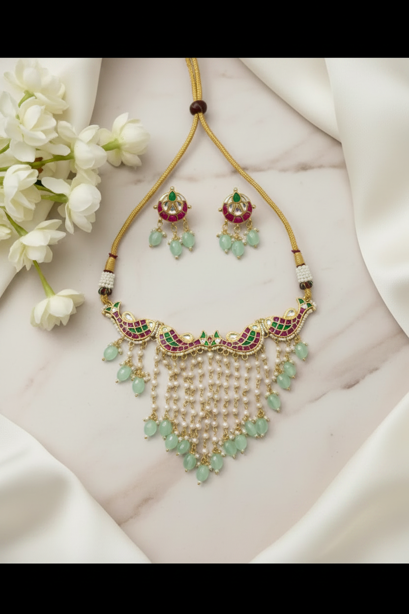 Mayurika Kundan Fusion Neck-Hugging Choker with Pearl and Green Bead Drops