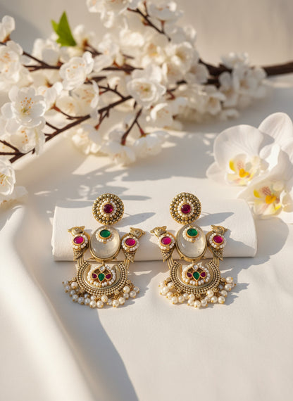 Gold Matte Kundan Fusion Earrings with Peacock Motif and Stone Detailing | Alankrent