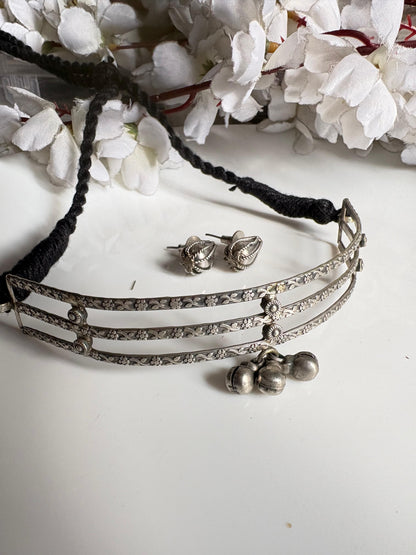 Ragini Antique Silver Layered Ghungroo Choker Necklace | Adjustable Ethnic Statement Necklace