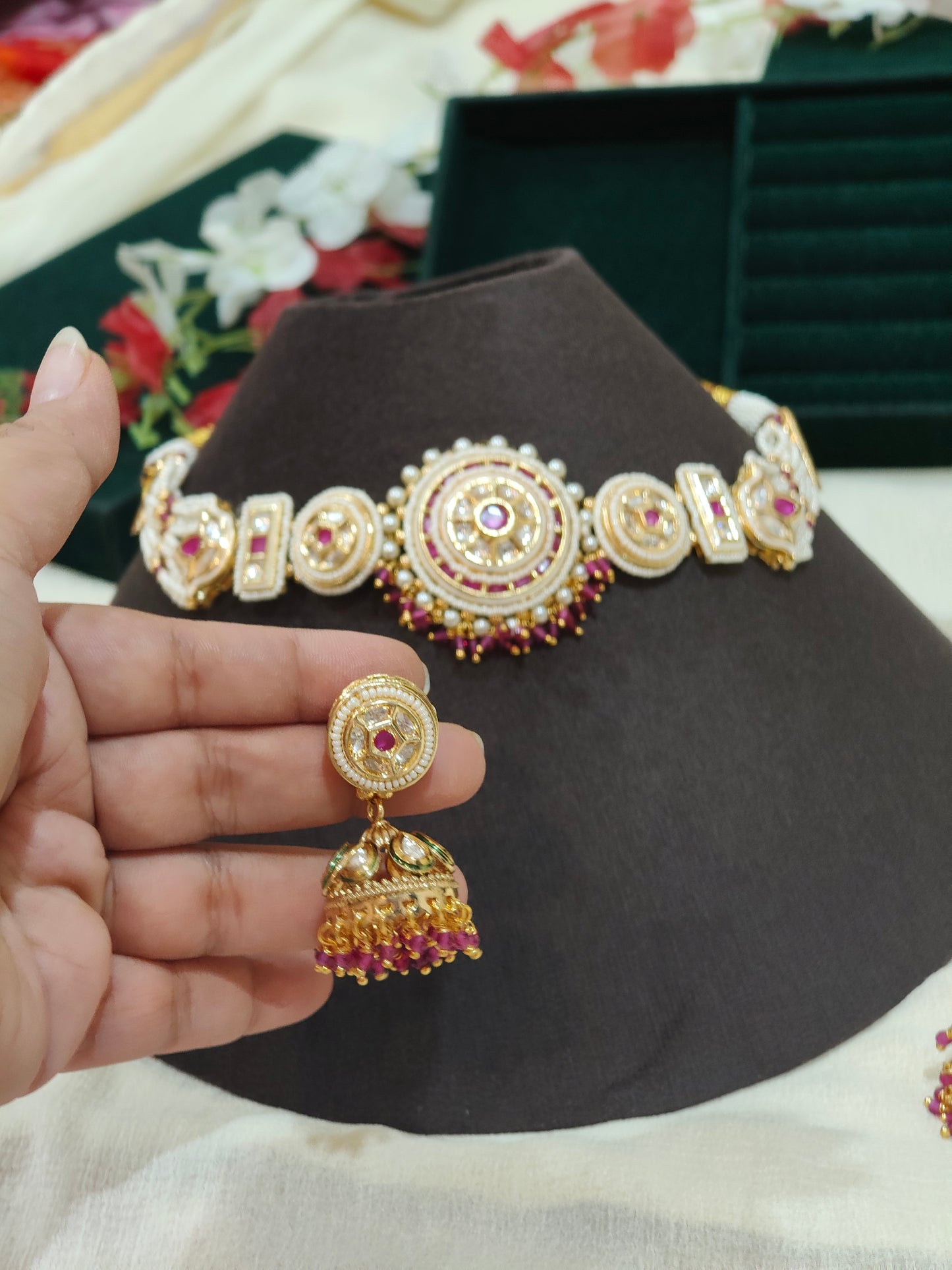 Vaidehi Moissanite Choker Necklace Set with Temple Jhumka Earrings | Luxury Bridal Jewellery