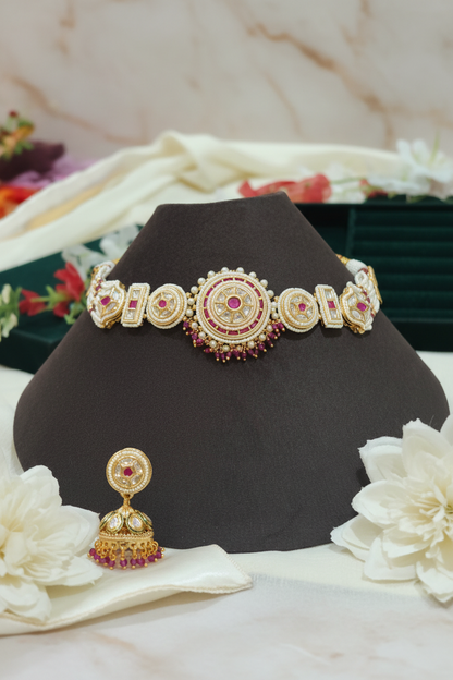 Vaidehi Moissanite Choker Necklace Set with Temple Jhumka Earrings | Luxury Bridal Jewellery
