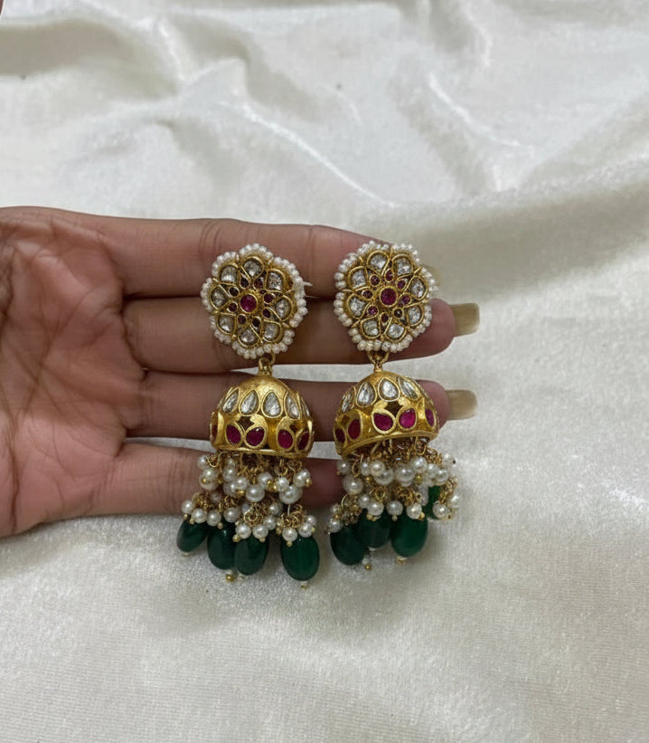 Alankrent Gulmohar Kundan Jhumka – Pearl & Green Bead Traditional Bridal Earrings