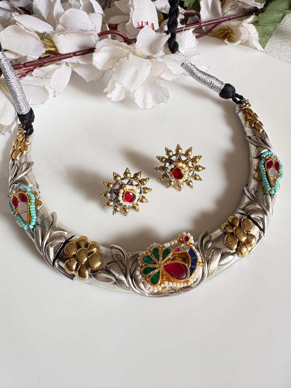 Premium Dual Tone Hasli Kundan Necklace Set | SLA Finish Silver & Gold Jewellery  Best Seller | Alankrent | AK-20260111-HS12 by Alankrent