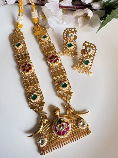Rajsi Mayur Gold Matt Long Necklace Set with Kundan Fusion Earrings