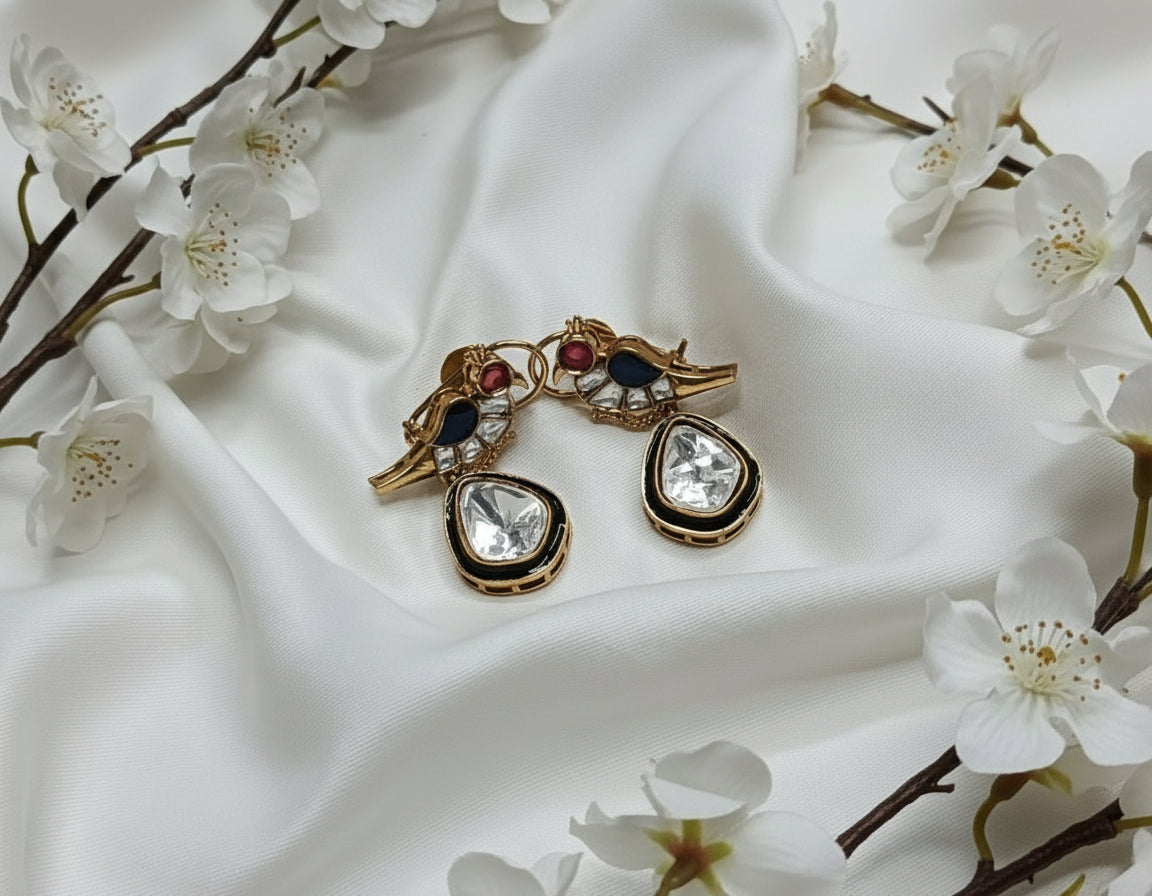Parrot Motif Kundan Drop Earrings | Handcrafted Polki Statement Earrings with Multi-Color Enamel for Wedding & Festive Luxury